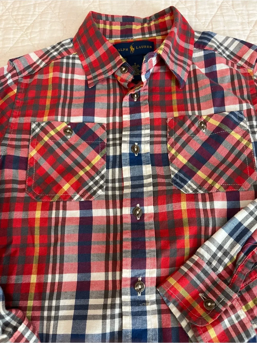 Ralph Lauren Red, Navy & White Plaid Button-Down Shirt for Kids Sz 5 School